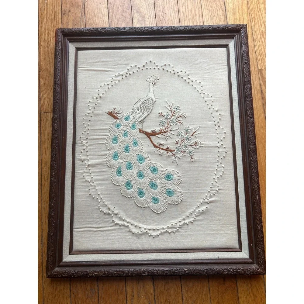 Vintage Framed Peacock Crewel Art Large 21